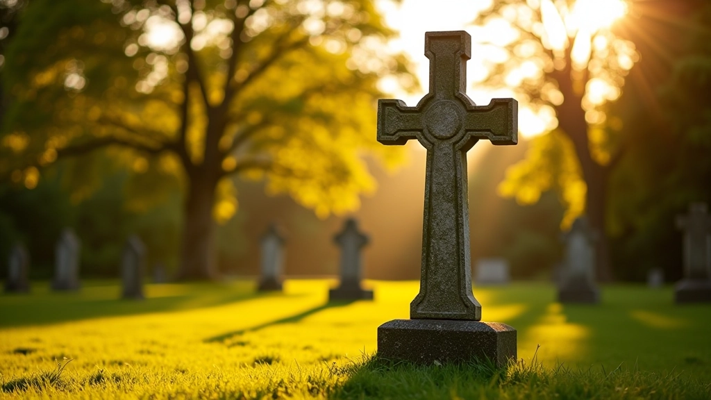 Golden hour sunset light illuminating ancient Celtic cross stone carvings with long shadows, peaceful churchyard setting