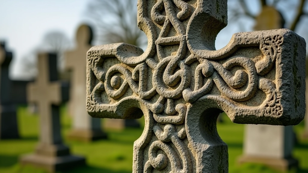 Close-up detail of carved Celtic spiral patterns on ancient high cross stone showing intricate Celtic knotwork