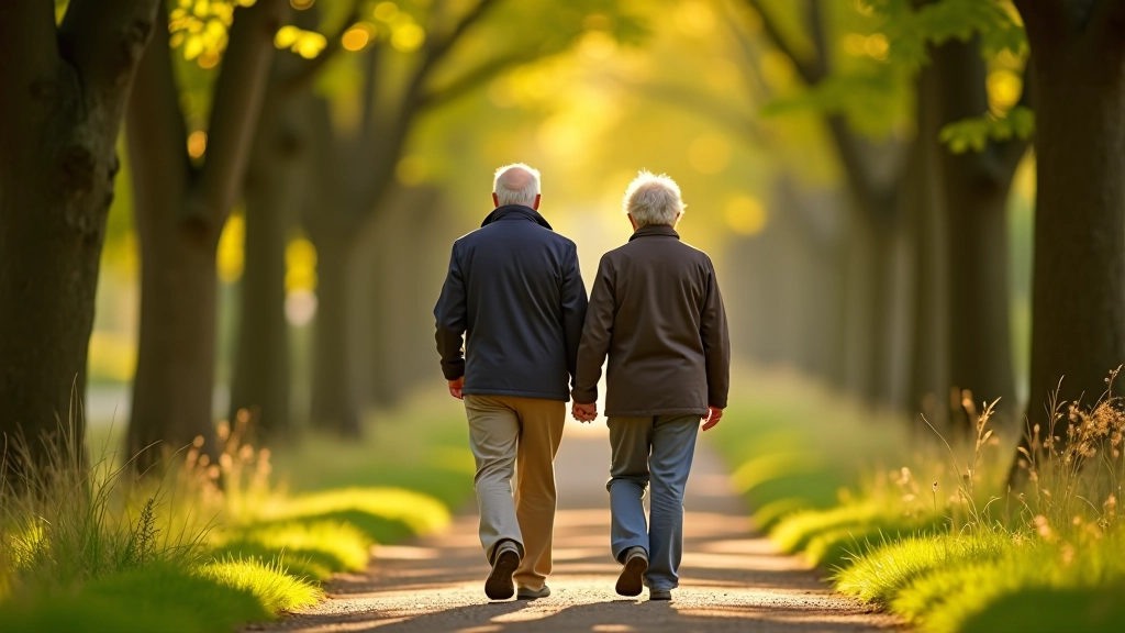 Senior couple walking together on tree-lined country path in Irish countryside