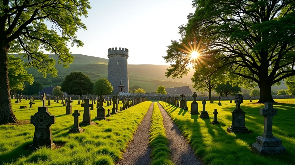 Expansive view of graveyard landscape showing round tower, multiple high crosses, and tree-lined paths stretching across rolling terrain